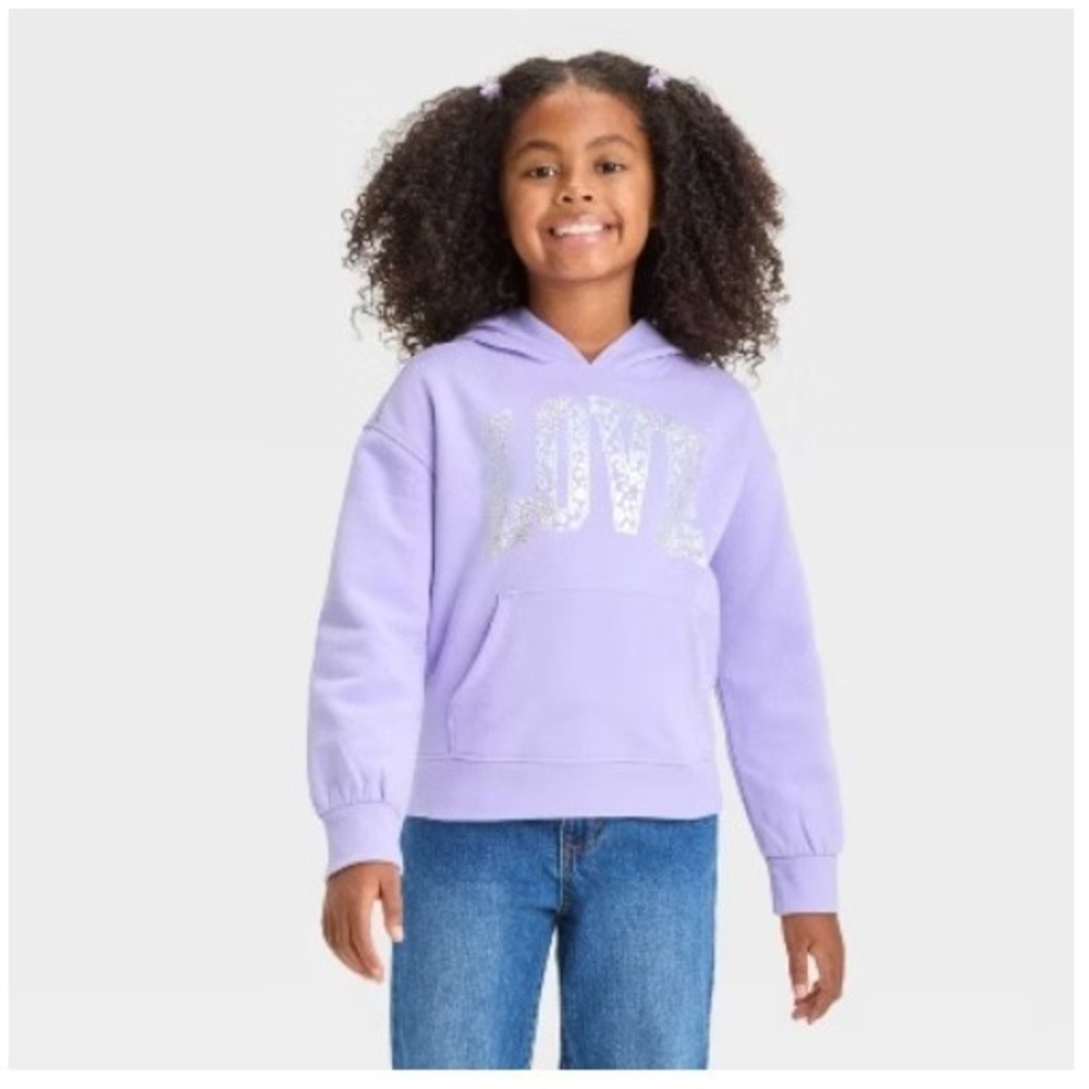 Cat Jack Girls Purple LOVE Graphic Hoodie Sweatshirt Size XS 4/5